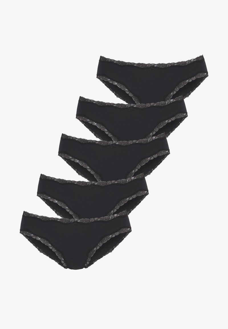 Black lace-trimmed panties, featuring a smooth, stretchy fabric. Set of five with a low-rise design and scalloped lace accents along the waistband.