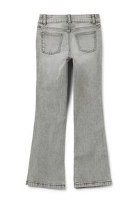 Grijze denim flared jeans met vijf zakken, stiksel details en een licht vervaagde textuur. Rechte pijpen met een brede opening aan de zoom.