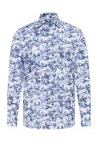 Witte lange mouwen blouse met een gedetailleerd blauw toile de Jouy patroon met mensen, bomen, boten en gebouwen.