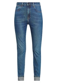 Jeans ajustados en denim azul oscuro, con una cintura alta, diseño de cinco bolsillos, perneras ajustadas y dobladillo con costura de contraste.