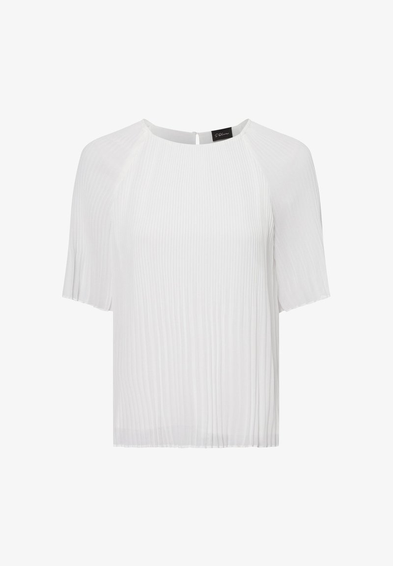 Haut blanc à manches courtes avec une texture plissée, décolleté rond et détail de dos en forme de clé. Matière légère et fluide.