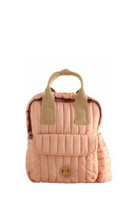 Quilted peach backpack with beige fabric straps, front flap pocket, and embroidered sun design; features a side pouch and zipper closure.