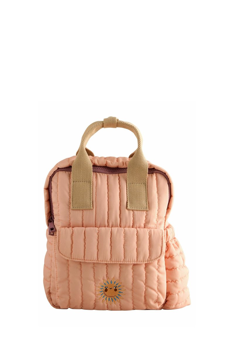 Quilted peach backpack with beige fabric straps, front flap pocket, and embroidered sun design; features a side pouch and zipper closure.
