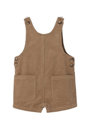 Brown corduroy overalls with large front pockets, snap buttons on the sides, and a soft, textured finish. Short design for ease of movement.