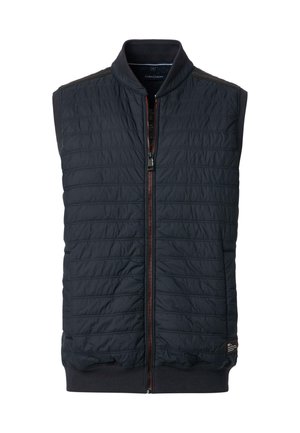 Zwarte, mouwloze vest met een gewatteerd ontwerp, voorzien van een rits aan de voorkant en een geribde kraag. Inclusief een merketiket aan de zoom.