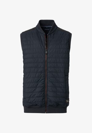 Schwarze, ärmellose Weste mit gestepptem Design, ausgestattet mit einem Reißverschluss vorne und einem gerippten Kragen. Beinhaltet ein Markenetikett am Saum.