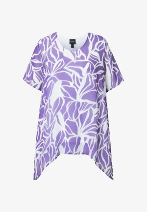 Kortærmet, løstsiddende top med lilla og hvidt abstrakt blomsterprint og asymmetrisk kant.