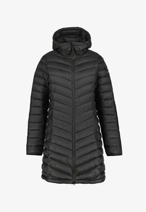 Czarna pikowana kurtka z kapturem, z wzorem w zygzak, pełnym zamkiem błyskawicznym i elastycznymi mankietami. Gładki materiał o eleganckim, izolowanym designie.