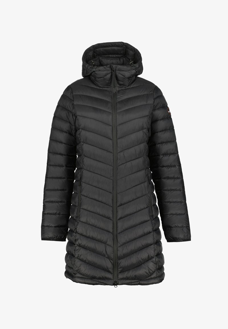 Sort polstret jakke med hætte, der har et chevronmønster, fuld lynlås og elastiske manchetter. Glat stof med et slankt, isoleret design.