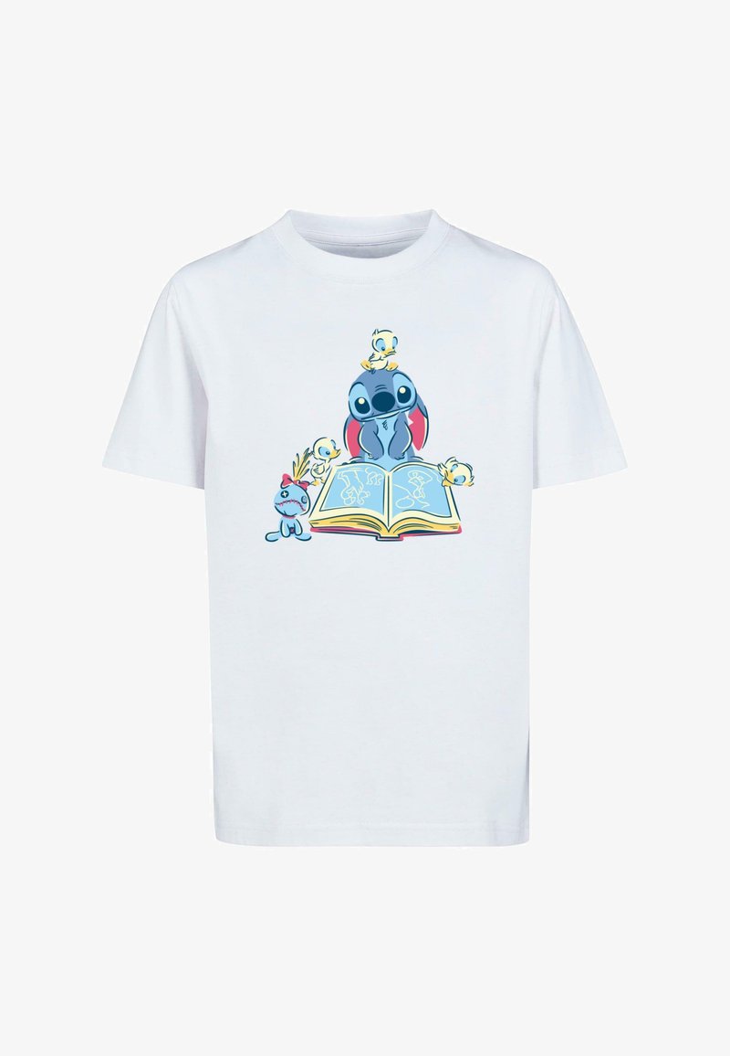 Hvid bomulds T-shirt med en blå tegnefilmsfigur, Stitch, med små gule figurer og et åbent boggrafik i midten.