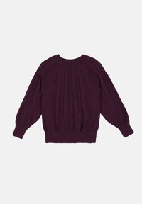 Lila gestrickter Pullover mit einem strukturierten Zopfmuster, rundem Halsausschnitt und Ballonärmeln, abgeschlossen mit einem gerippten Saum.