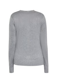 Grauer Strickpullover mit langen Ärmeln, gerippten Bündchen und Saum, glatter Textur und Rundhalsausschnitt, von hinten gezeigt.
