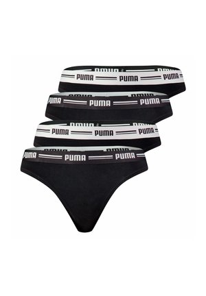Four black Puma briefs with alternating black and white elastic waistbands featuring Puma logo stripes.