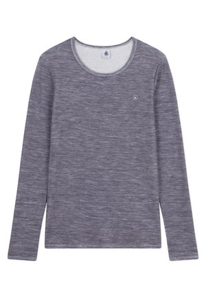 Maglia a manica lunga grigia in tessuto lavorato con scollo rotondo e piccolo logo circolare sul petto sinistro.