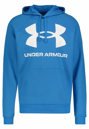 Sweat à capuche bleu Under Armour avec grand logo blanc et nom de la marque sur la poitrine, poche kangourou et capuche ajustable avec cordon.