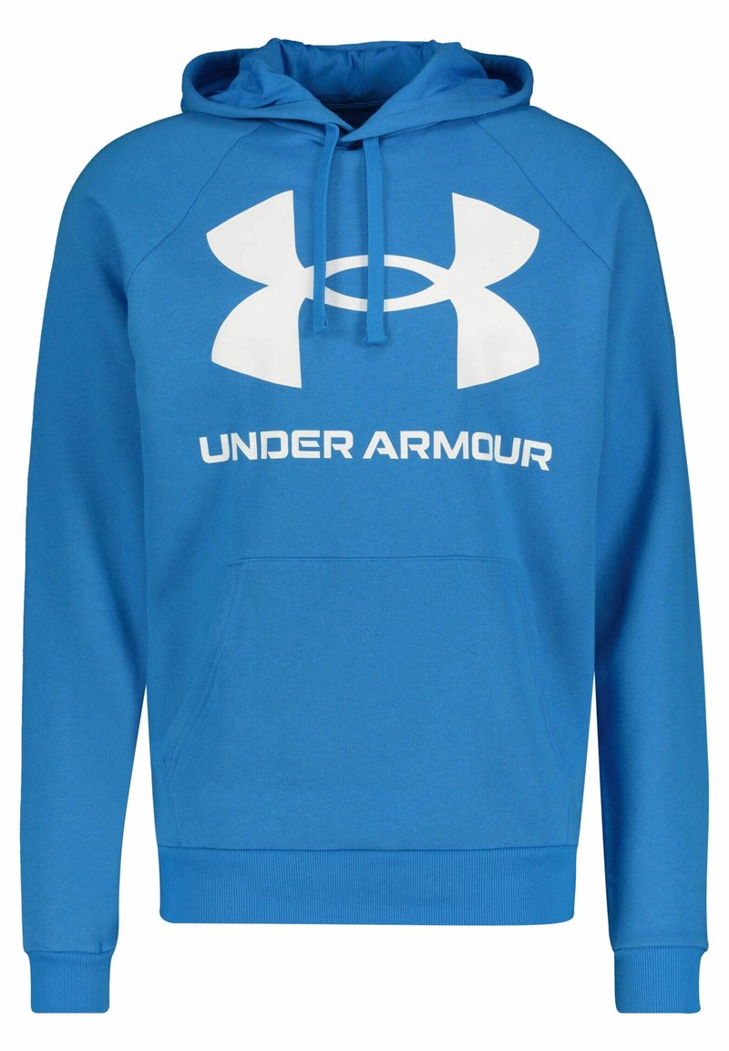 Sweat à capuche bleu Under Armour avec grand logo blanc et nom de la marque sur la poitrine, poche kangourou et capuche ajustable avec cordon.