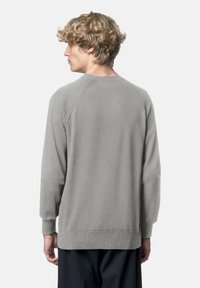 Maglione grigio girocollo con una texture morbida, polsini e orlo a coste, e maniche raglan. Modello mostrato di schiena.
