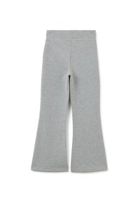 Pantalones acampanados para niños en gris claro con cinturilla elástica, fabricados con tejido de punto suave, mostrados extendidos sobre fondo blanco.