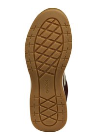 Semelle de chaussure en caoutchouc marron, texturée avec un motif en grille, marquée "GEOX" et "BREVET ITALIEN", conçue pour l'adhérence.