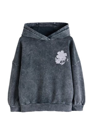 Ciemnoszara, sprana bluza z kapturem z przednią kieszenią kangurką, ściągaczami przy rękawach i u dołu oraz białą kwiatową grafiką z napisem "BAKER" na piersi.