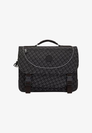 Černá messenger taška s vzorovanou látkou, která obsahuje vířící šedé tvary, s horní rukojetí, přední klopnou a dvěma bočními sponami pro uzavření.