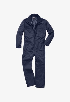 Navy blue haalut valmistettu kestävästä kankaasta, jossa on vetoketju etuosa, korkea kaulus ja useita vetoketjullisia taskuja rinnassa ja lantiossa.