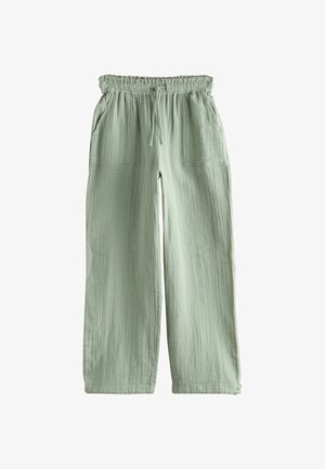 Šviesiai žali plačiomis kojomis kelnės su elastiniu surinktų juosmens diržu, priekine raišteliu ir dviem didelėmis priekinių kišenių plokštelėmis.