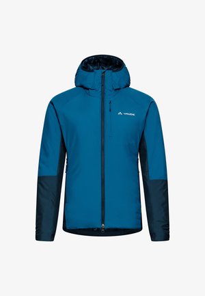 Chaqueta aislante azul con capucha, cierre de cremallera y mangas oscuras en contraste; cuenta con un bolsillo en el pecho y un logo en la parte delantera.