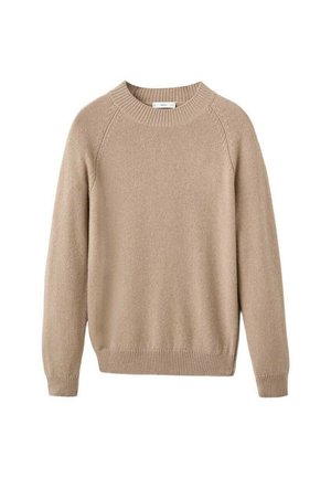Suéter de punto beige con cuello redondo, mangas raglán y puños y dobladillo acanalados; textura suave y corte relajado.
