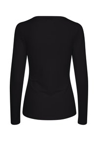 Zwart nauwsluitend shirt met lange mouwen en ronde hals, gezien van achteren tegen een witte achtergrond.
