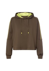Bruine geperforeerde hoodie met neongele voering, bijpassende trekkoorden en gele strepen langs de mouwen.