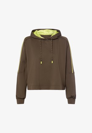 Brauner Hoodie mit Perforationen, neon-gelbem Innenfutter, passenden Kordeln und gelben Streifen entlang der Ärmel.