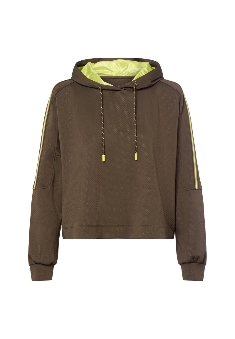 Bruine geperforeerde hoodie met neongele voering, bijpassende trekkoorden en gele strepen langs de mouwen.