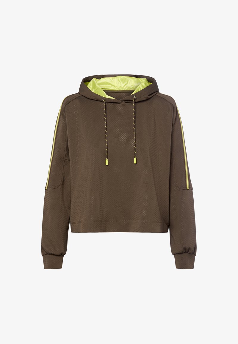 Bruine geperforeerde hoodie met neongele voering, bijpassende trekkoorden en gele strepen langs de mouwen.