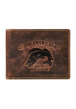 Portefeuille en cuir marron embossé d'un logo poisson et du texte "Fisherman Crew" et "Enter the Big Game" sur le devant.