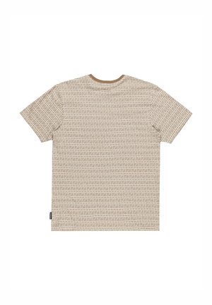 Bruine, gemusterde t-shirt met korte mouwen in een rechthoekige vorm, met verticale en horizontale lijnen en een ronde hals.