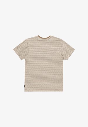 Braun gemustertes Kurzarm-T-Shirt in rechteckiger Form, mit vertikalen und horizontalen Linien sowie einem Rundhalsausschnitt.