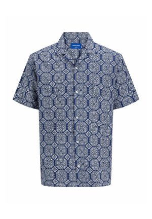 Kortærmet skjorte med knapper i mørkeblå med et hvidt geometrisk mønster. Har klassisk krave og knaplukning. Lavet af bomuldsstof.