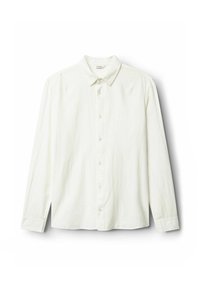 Weißes langärmliges Shirt aus leichtem Stoff, mit durchgehender Knopfleiste, klassischem Kragen und subtiler texturierter Oberfläche.