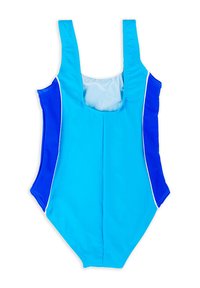 Jednoczęściowy kostium kąpielowy w jasnoniebieskim i ciemnoniebieskim kolorze z białymi wykończeniami, z szerokimi ramiączkami i dekoltem w kształcie łódki.