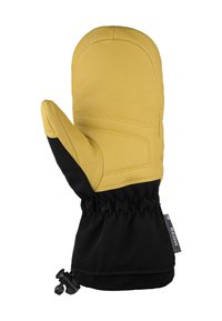 Guanto in pelle gialla con polsino in tessuto nero, arricciato elasticizzato e cordino regolabile. Texture liscia con dettagli cuciti sul palmo.