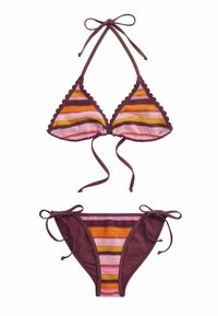 Dreieckiges Bikini-Oberteil in Pink-, Maronen- und Gelbtönen mit gestreiftem Muster. Mit gewellten Kanten und Bindebändern am Hals und an den Seiten.