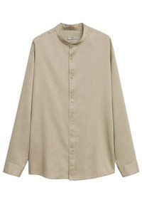 Beżowa koszula z długim rękawem, z kołnierzykiem typu band, z zapięciem na guziki z przodu oraz gładkim, teksturowanym materiałem. Prosty dół.