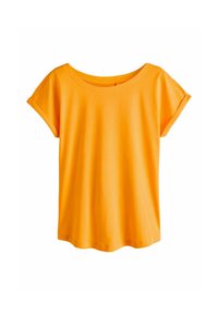 T-shirt à manches courtes de couleur orange vif, fabriqué en tissu doux avec un col rond large et une coupe décontractée. Texture lisse, sans motifs visibles.