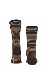 Calzini a righe con bande alternative di blu, marrone e beige, con suole marroni scure e un logo sul lato.