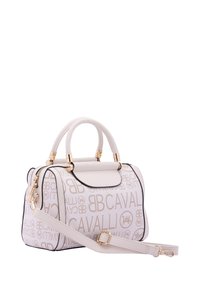 Borsa bianca con motivo logo dorato, parte superiore arrotondata, doppio manico, tracolla staccabile e finiture dorate. Materiale testurizzato con inserti a contrasto.