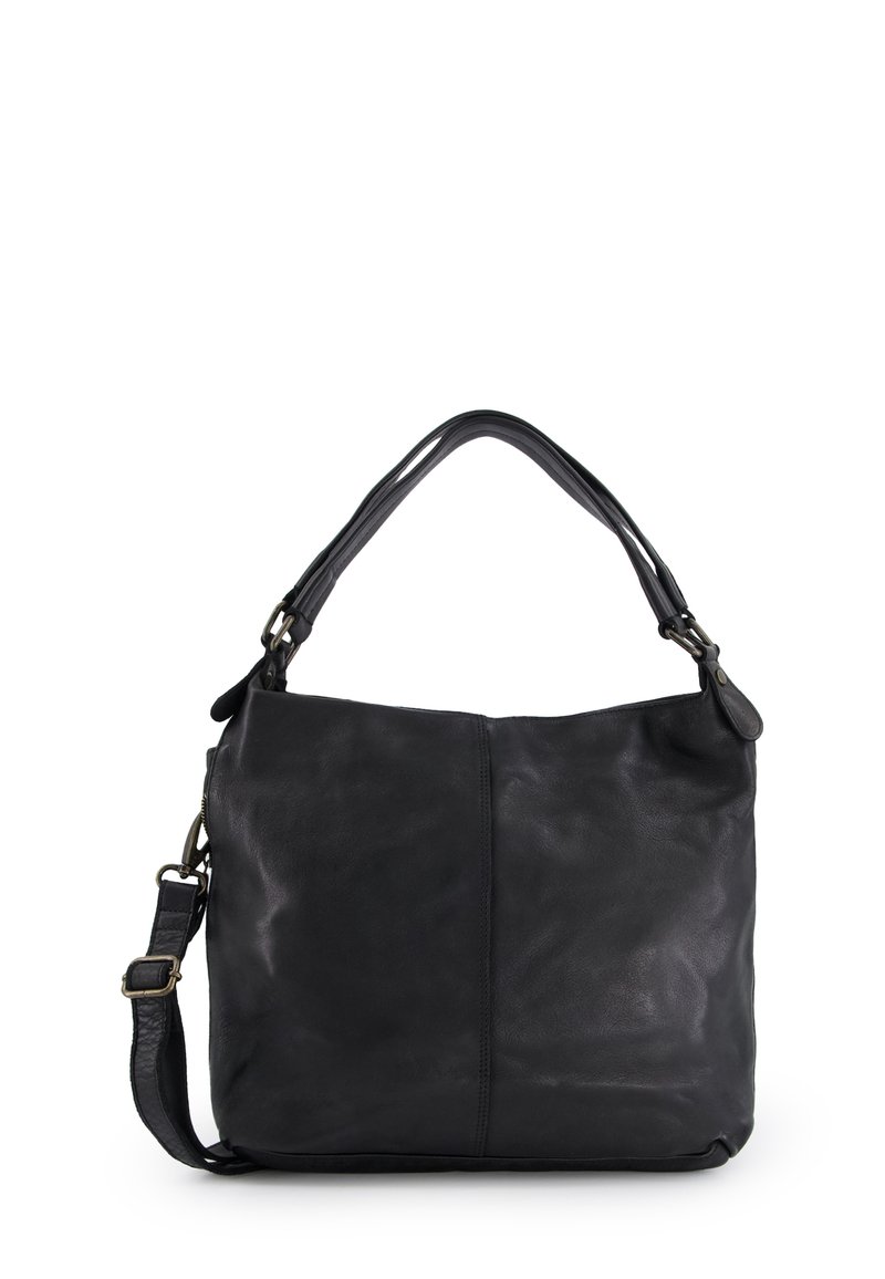 Schwarze Ledertasche mit einem einzelnen Traggriff an der Oberseite und einem abnehmbaren Riemen. Sie verfügt über eine glatte Textur und ein minimalistisches Design mit sanften Kanten.