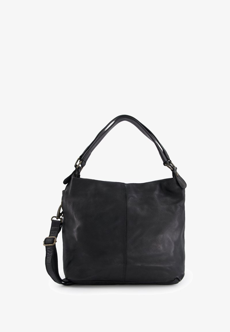 Sort læder skuldertaske med et enkelt topgreb og en aftagelig rem. Har en glat tekstur og minimalistisk design med bløde kanter.