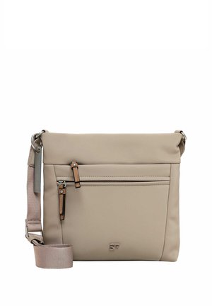 Beige skuldertaske med lynlåslomme foran, justerbar stofrem og lille præget logo nederst foran i midten.