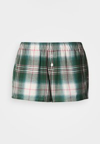 Καρό ανδρικά μποξεράκια με πράσινο, λευκό και ροζ μοτίβο, ελαστική μέση και δύο κουμπιά στο μπροστινό μέρος. Κατασκευασμένα από ελαφρύ ύφασμα.